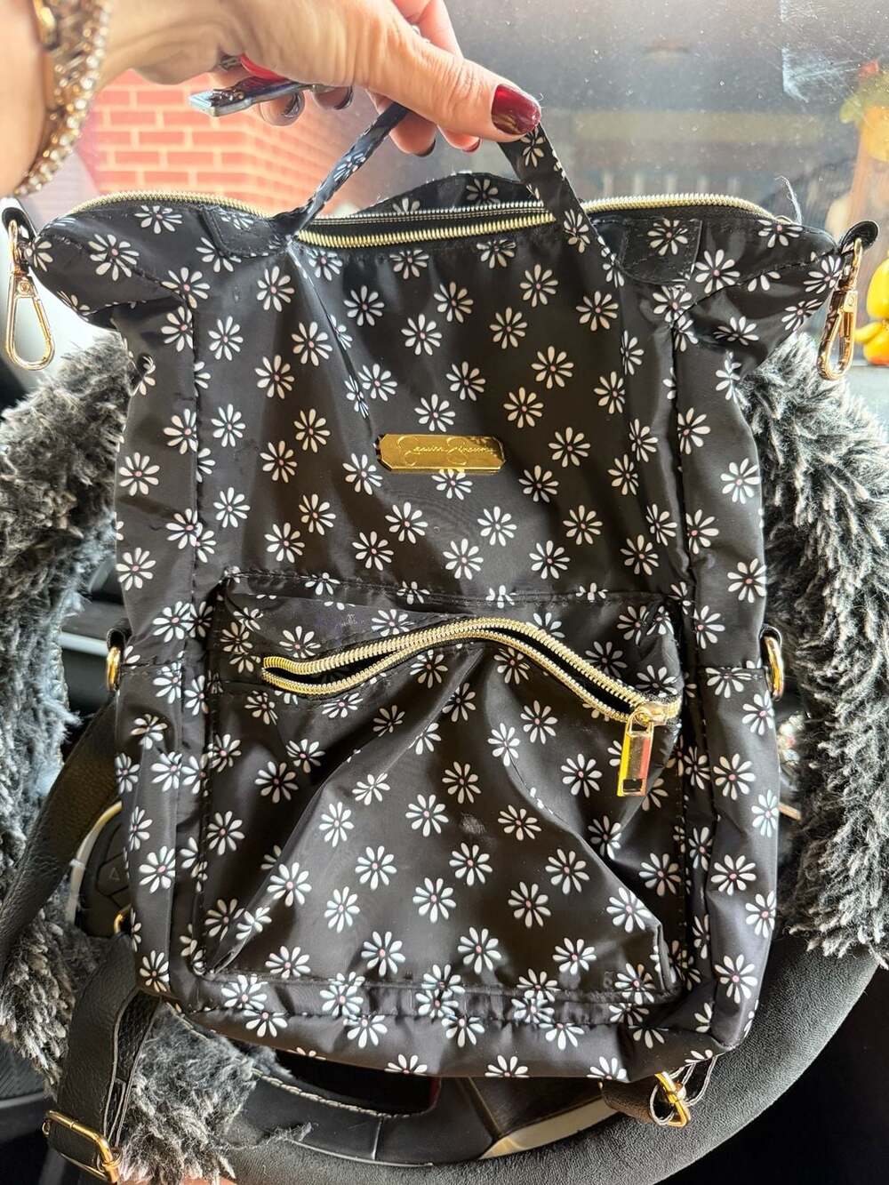 Jessica Simpson Mini Backpack Tote in Black Daisies Print